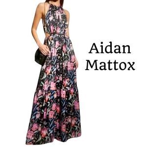 Aidan Mattox Black and Pink Floral Maxi Dress
